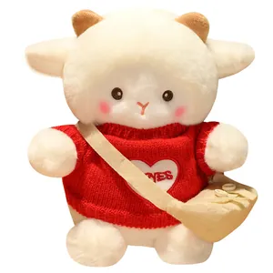 Cute Pocky lamb plush toy wearing a red heart sweater and a small crossbody bag