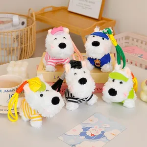 Fünf süße West Highland White Terrier Plüschanhänger in bunten, gestreiften Outfits