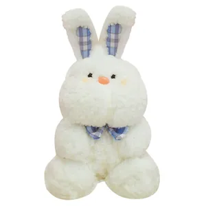 Adorable soft white plush rabbit toy featuring blue plaid inner ears and a cute bow tie