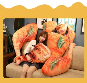 Realistic 3D simulation roasted chicken leg pillows in a cozy home setting with a model