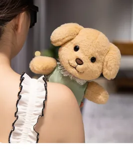 Nahaufnahme eines süßen Mini-Pudel-Plüschtiers in einem grünen Strickpullover mit Spitze