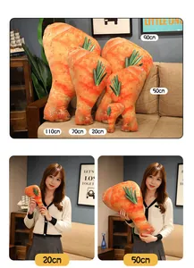 Realistic 3D chicken leg plush pillows in various sizes shown with a model for scale