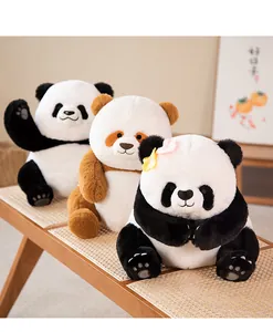 Group of three adorable giant panda plush toys displayed on a rustic wooden bench