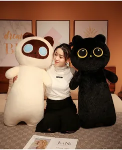 Soft large cat plush long pillow bolster shown with a model for size comparison