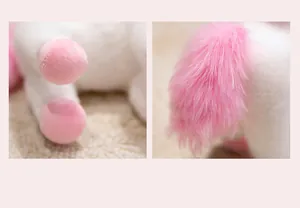 Detailansicht des weichen rosa Schwanzes und der Hufe eines weißen Einhorn-Stofftiers.