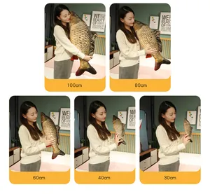 Size comparison of realistic carp plush pillows ranging from 30cm to 100cm held by a model.