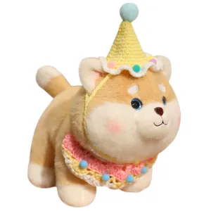 Cute Shiba Inu puppy plush toy wearing a yellow knitted birthday hat and ruffled collar