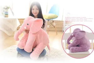 Detailed view of large plush elephant pillows in pink and purple for baby comfort