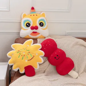 Festive Chinese New Year plush pillows featuring traditional lion dance and hawthorn designs