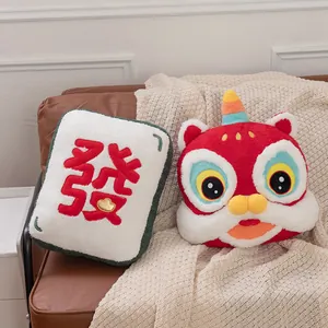 Festive Chinese New Year plush pillows featuring Lion Dance and Mahjong Fa tile designs
