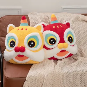 Traditional Chinese lion dance plush pillows in festive red and yellow for New Year decor