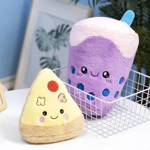 Cute pizza slice and purple boba milk tea plush toy set for creative home decor gift