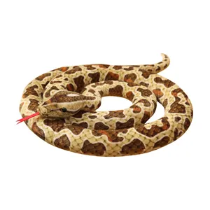 Realistic coiled snake plush toy with intricate brown patterns and red tongue for fun pranks