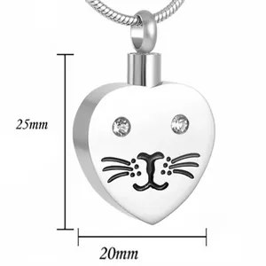 Collana urna a cuore con viso di gatto per ceneri animali domestici 25mm x 20mm