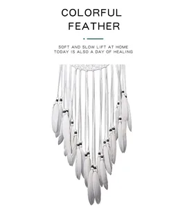 Detailed view of Nordic style white feather dreamcatcher wall hanging decoration