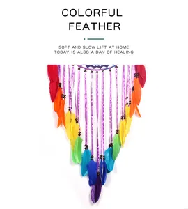 Detailaufnahme bunter Regenbogenfedern und lila Bänder eines Traumfängers.