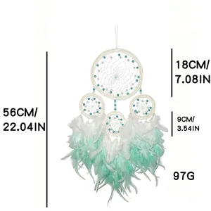 Mint green four-ring dreamcatcher with feather details and specific size measurements