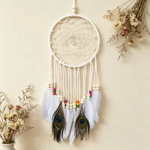 Handgemaakte Indiase Pauwenveer Dromenvanger Wanddecoratie Voor Slaapkamer Huis Bohemian Dromenvanger Ornament Windgong Cadeau