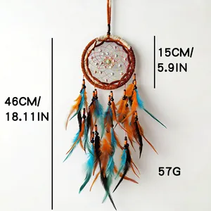 Handmade colorful feather dreamcatcher with dimensions 46cm length and 15cm hoop
