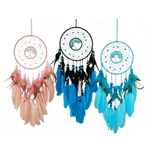 Double Ring Tree of Life Dreamcatcher Feather Hanging Ornament Indian Style Wall Decoration Turquoise Bead Wind Chimes Home Decor