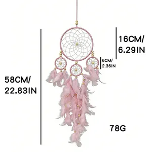 Detailed size dimensions of a pink four-ring gothic dreamcatcher with soft feathers and beads