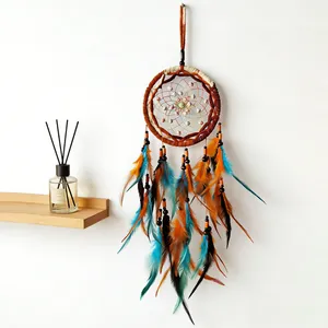 Detail shot of colorful handmade dreamcatcher with vibrant feathers and beads.