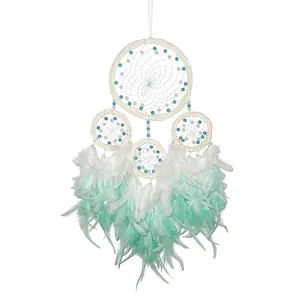 Bohemian Four-Ring Rattan Dream Catcher Mint Green Gradient Feather Wall Hanging Decoration For Room Decor Hand Woven Home Ornament