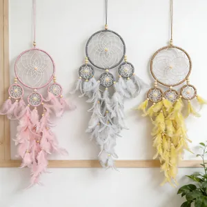 Handmade Gothic Four Ring Dream Catcher Wall Hanging Decor Woven Iron Circle Feathers Wood Beads Home Ornament
