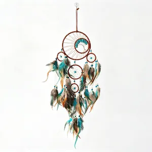 Atrapasueños Árbol de la Vida de Cinco Anillos Colgante de Pared Cuentas de Turquesa Plumas Bohemio Clásico Decoración Dormitorio Hogar