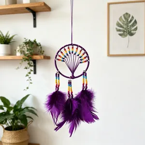 Purple tree-of-life dreamcatcher with colorful beads and feathers for home wall decor