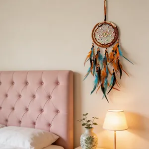 Bohemian dream catcher with colorful feathers hanging in a cozy and warm bedroom scene
