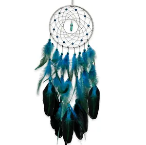 Acchiappasogni da parete in stile Ins con perle luminose e decorazioni piume blu