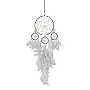Gothic style four-ring handmade dreamcatcher with fluffy white feathers for home wall decor.