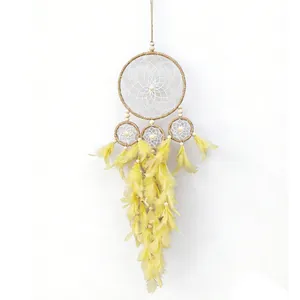 Handmade four-ring dreamcatcher wall hanging decor with bright yellow feathers