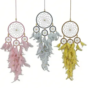Handmade four-ring gothic dreamcatcher set with colorful feathers for wall decor