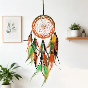 Colorful handmade dreamcatcher with vibrant feathers for home wall decor