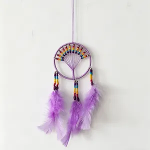 Handmade purple dreamcatcher wall hanging decor with colorful rainbow beads and feathers