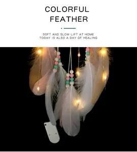 Détail de plumes de l'attrape-rêves avec guirlande LED chaude pour chambre.