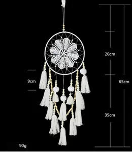 Measurement diagram of white Nordic dream catcher with tassels and beads