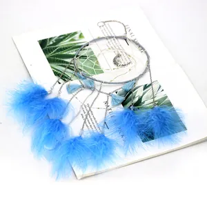 Handmade Mori-style blue feather dreamcatcher wall hanging decoration with LED fairy lights