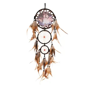 Vintage Indian style handmade dreamcatcher with wolf print and natural feathers