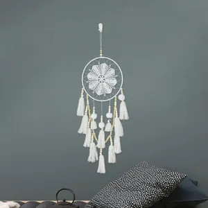 Handmade Nordic white lace dreamcatcher with tassels and beads for wall hanging decor