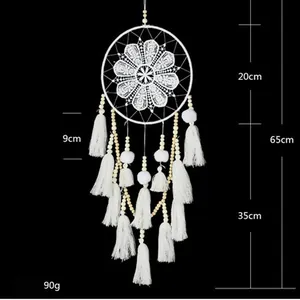 Large white handmade Nordic dreamcatcher wall hanging with tassels and beads decor 65cm