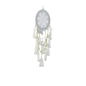 Handmade Nordic dreamcatcher wall hanging with white tassels and wooden beads decor
