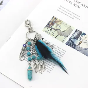 Bohemian Indian Dreamcatcher Keychain Hollow Feather Bag Pendant Turquoise Bead Evil Eye Yin Yang Tassel Charm Jewelry Gift
