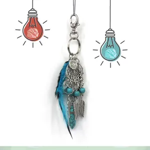 Indian dreamcatcher keychain with blue feathers and turquoise beads bag pendant