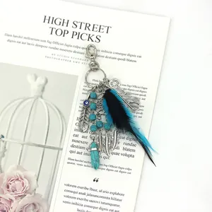 Elegant bohemian dreamcatcher keychain with teal feathers and turquoise beads for bag decoration