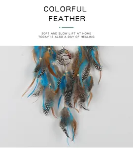 Detailed macro view of colorful feathers and Tree of Life dreamcatcher ornament