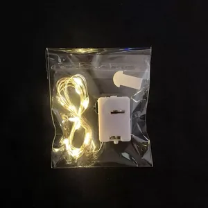 Detailed view of LED copper wire string light with battery box in clear plastic bag