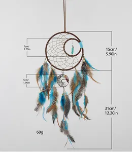 Detailed size view of vintage Tree of Life dream catcher with blue and brown feathers